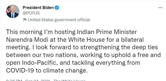 अमेरिका के राष्ट्रपति जो बाइडेन ने कहा- भारत के प्रधानमंत्री नरेंद्र मोदी के साथ कोविड से क्लाइमेट चेंज तक के मसलों पर बात होगी।