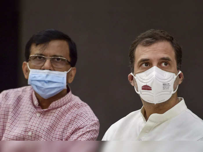 New Delhi: Congress leader Rahul Gandhi and Shiv Sena leader Sanjay Raut during ...
