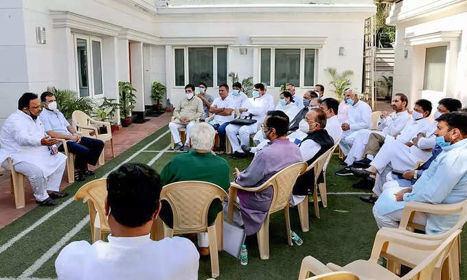Congress leader Rahul Gandhi with Gujarat PCC leaders during a meeting, in New Delhi