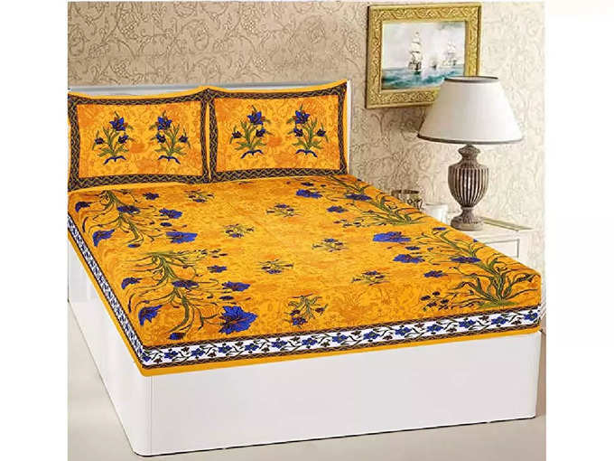 RajasthaniKart Cotton Double Floral Bedsheet with 2 Pillow Covers Bedsheet_Cloth_5167, Yellow