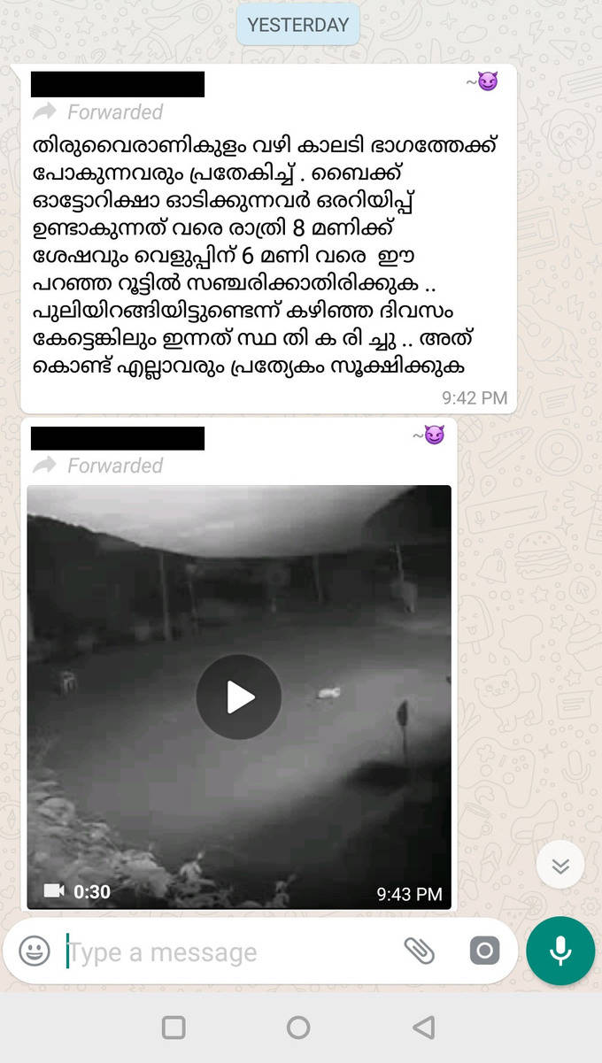 video shared on WhatsApp warning people in Kerala about tiger on the loose is fake