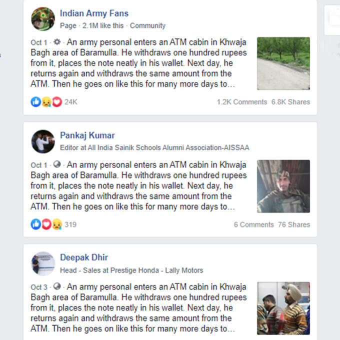 An army personal Withdraws 100 Rupees From ATM Daily, Facebook Post About Kashmir Goes Viral 