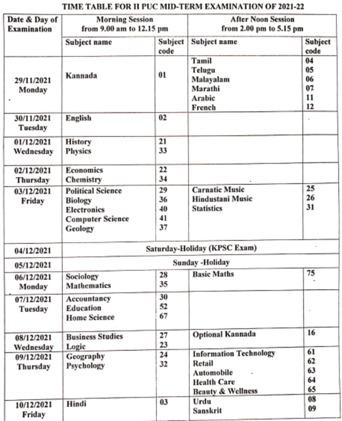Karnataka 2nd Puc Exam Time Table 2021