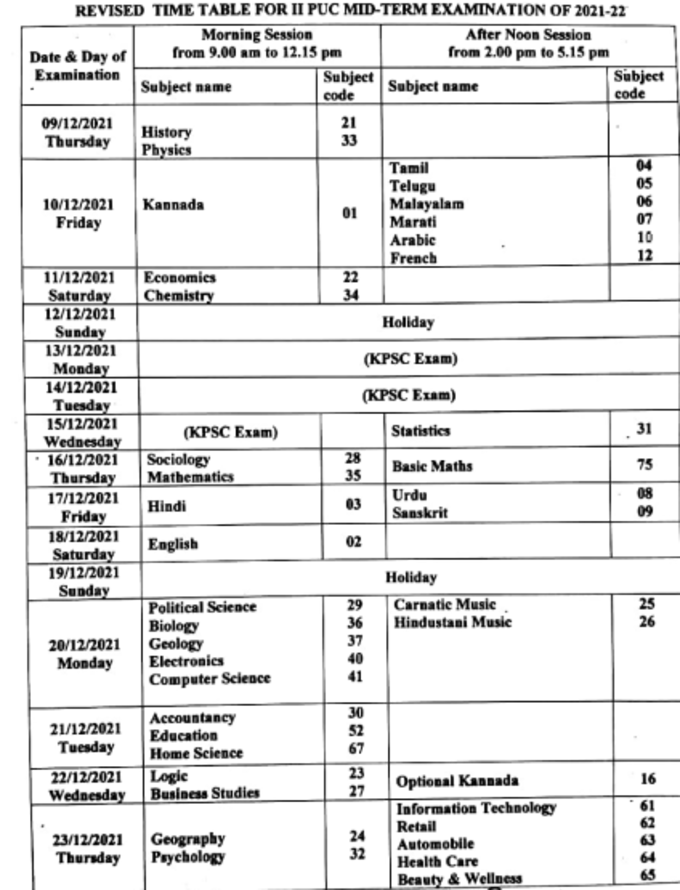 karnataka 2nd puc and 1st puc mid term exam revised dates released