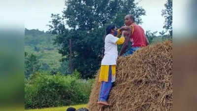 यूं छुपकर मत बैठो... खलिहान में सीढ़ी चढ़कर महिला स्वास्थ्यकर्मी ने किसान को लगाया टीका