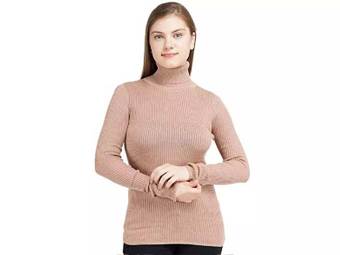 KNOTTY NEEDLES Women&#39;s Solid Cotton High Neck Full Sleeve Casual Sweater (Free Size)