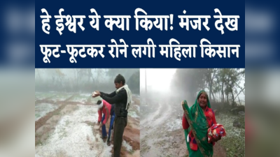MP Heavy Hailstorm Video : ओलों से बर्बाद हुईं फसलें, खेत पर खड़ी होकर रो रही महिला किसान, वीडियो वायरल