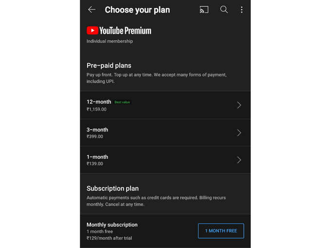 youtube premium plans.