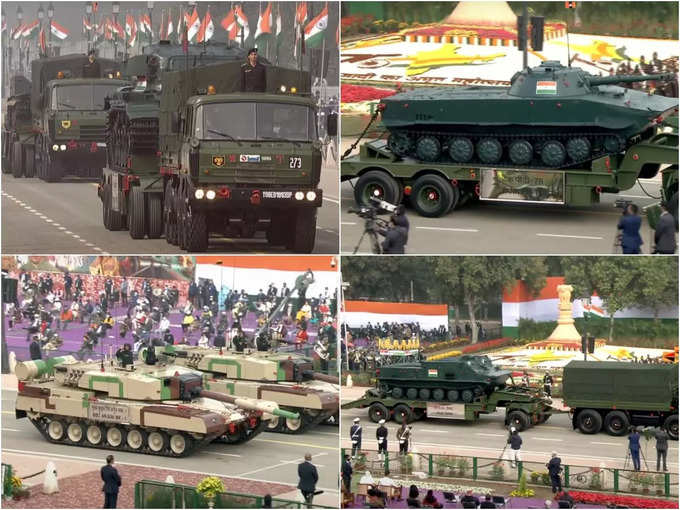 दिल्ली के राजपथ पर गणतंत्र दिवस परेड में सेंचुरियन टैंक, PT-76, MBT अर्जुन MK-I और APC पुखराज की टुकड़ी ने भाग लिया।