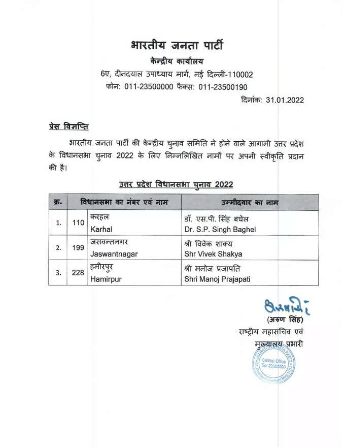 31.01.2022 List of BJP candidate for Uttar Pradesh Legislative Assembly Election 2022-page-001