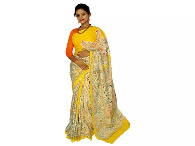 Kheyali Boutique Cotton Madhubani Print Yellow Saree For Women&#39;s