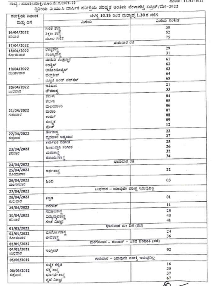 revised final time table for 2nd puc karnataka annual exam 2022 released