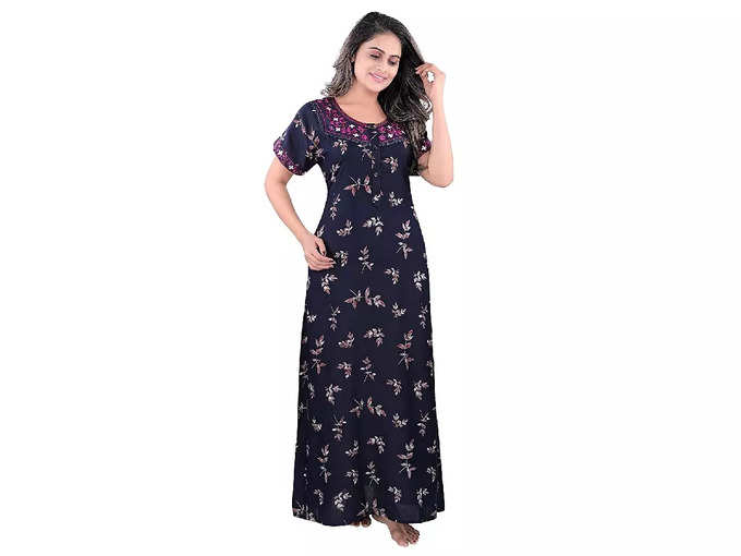 9shines Label Women&#39;s Cotton, Rayon &amp; Polyester Embroidered Maxi Nighty