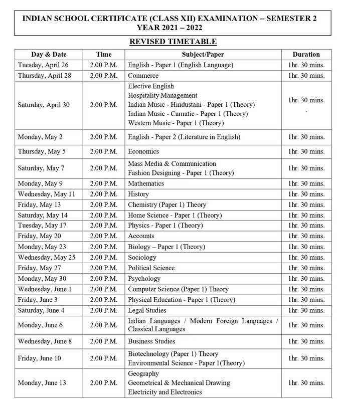 ISC 2022 Circular and Revised Timetable