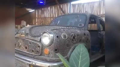 700 किलो नट, ऑटोमोबाइल का कबाड़... इंदौर के कलाकार ने पुरानी एंबेसडर कार को दिया गर्दा लुक