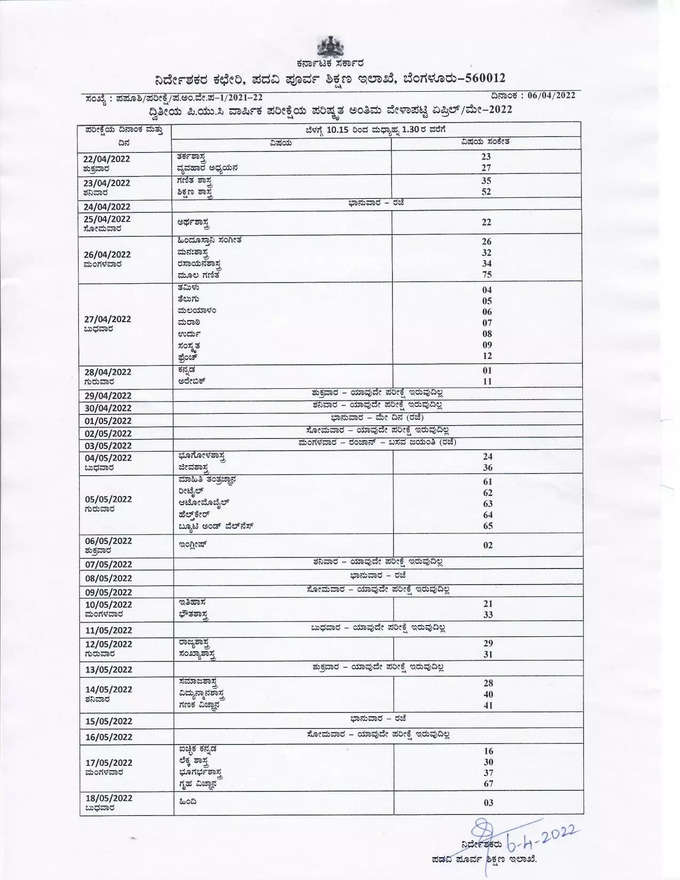 2nd PUC Exam Final Time Table