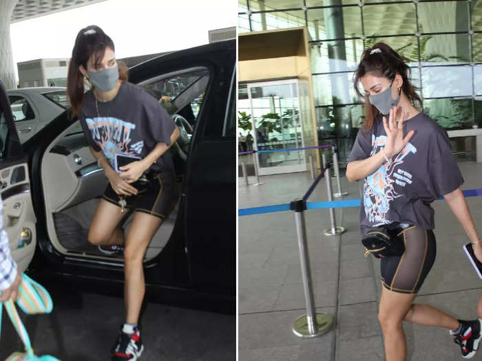 disha patani looks casual and stylish in cycle shorts and black t-shirt at mumbai airport
