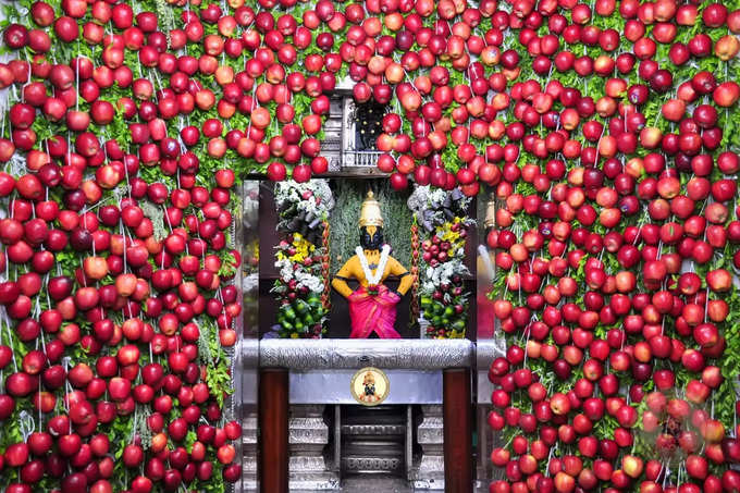 पंढरपूरः रामनवमी निमित्त विठ्ठल रुक्मिणी गाभारा बनला काश्मिरी सफरचंदाचा बगीचा, ५ हजार सफरचंदाची आकर्षक सजावट. विठूरायाची राउळी सजली