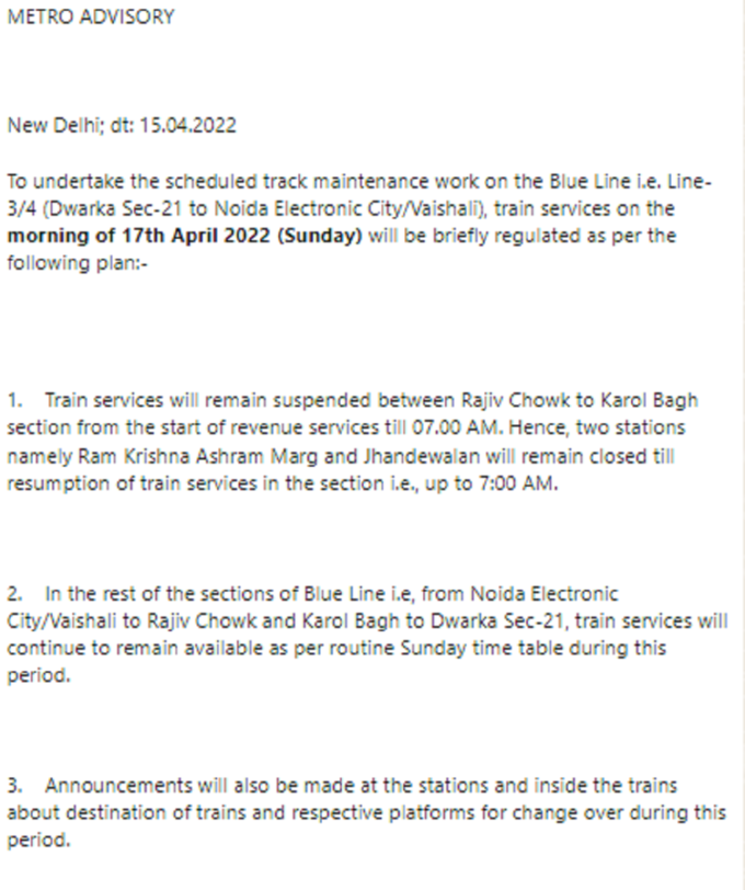 delhi metro advisory