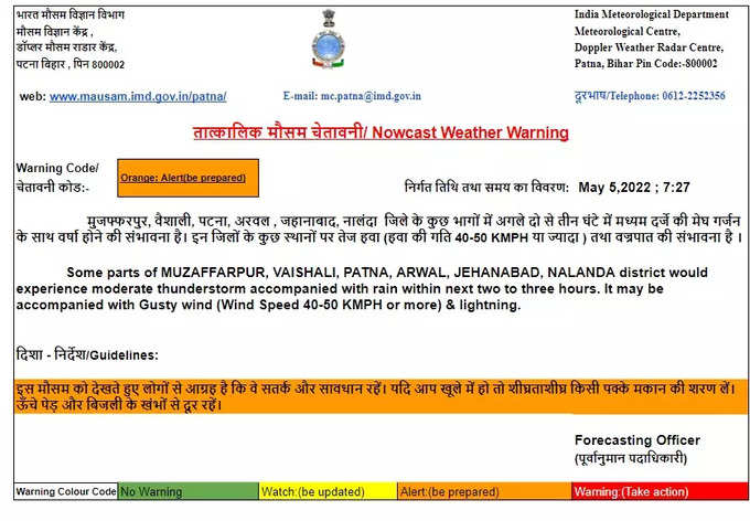 पटना, मुजफ्फरपुर समेत  6 जिलों में आंधी बारिश का ऑरेंज अलर्ट