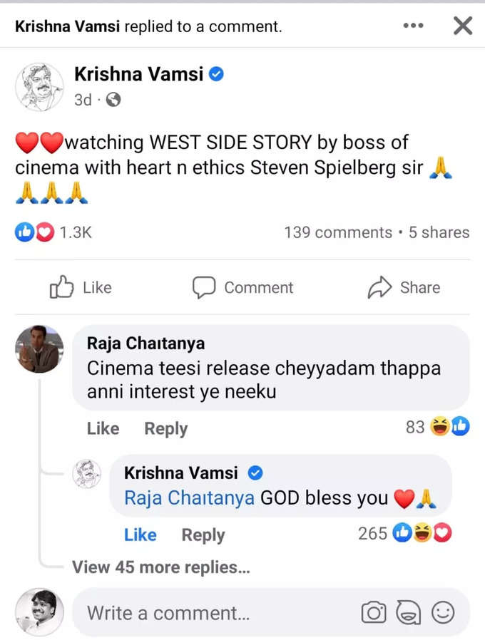 Director Krishna Vamsi Facebook Post