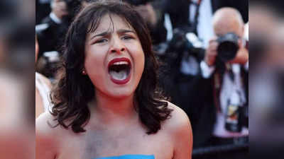 Cannes च्या रेड कार्पेटवर युक्रेनी महिलेचं रशियाविरोधात निदर्शन, अर्ध नग्न होत दिल्या घोषणा