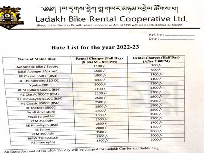 ladakh bike rental rate chart