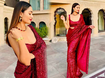 इन रेड कलर की sequin saree को पहनकर मिलेगा त्रिधा चौधरी जैसा पार्टी लुक, महफिल लूट लेगी आपकी अदा