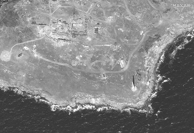 A satellite image shows southern end of Snake Island.