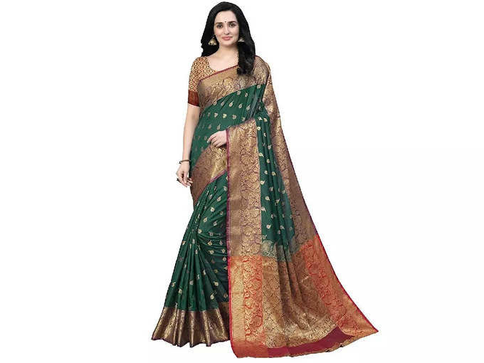 Teej Special Saree 2024 : Woven Kanjivaram Silk Blend Saree with Blouse