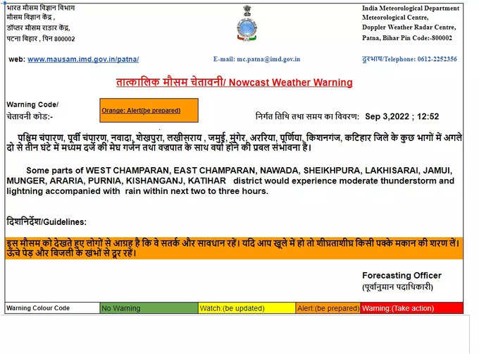 पश्चिम चंपारण समेत कई जिलों के लिए मौसम विभाग ने जारी किया बारिश का ऑरेंज अलर्ट, देखिए यहां