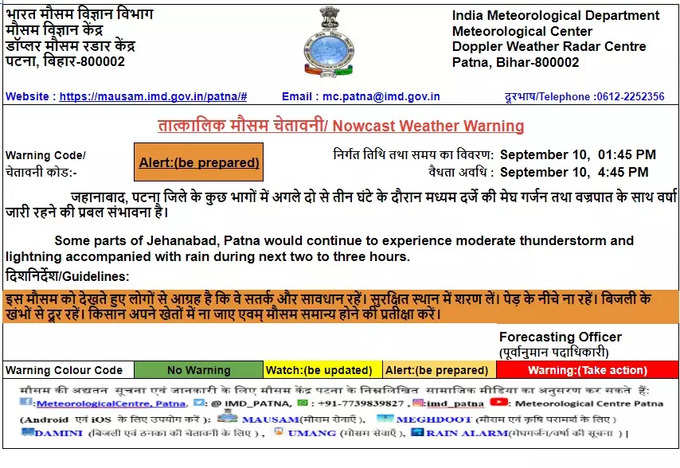 पटना और जहानाबाद जिले के लिए मौसम विभाग का अलर्ट जारी, देखिए यहां