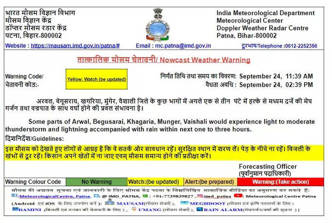 अरवल, बेगूसराय, खगड़िया, मुंगेर और वैशाली जिले में मौसम विभाग का अलर्ट, यहां देखिए