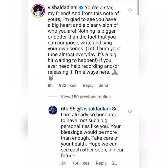 vishal dadlani comment on rito riba post