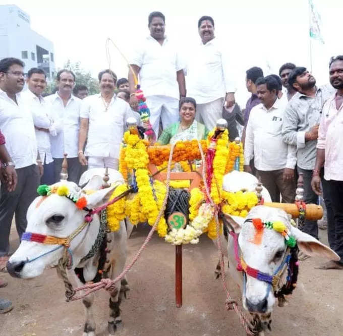 ఎడ్ల బలప్రదర్శన పోటీల్లో మంత్రి రోజా.. ఎడ్లబండి తోలుతూ సందడి