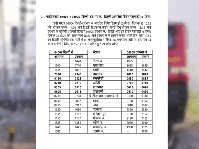 ​दिल्ली से दरभंगा तक एक फेरे वाली रेल