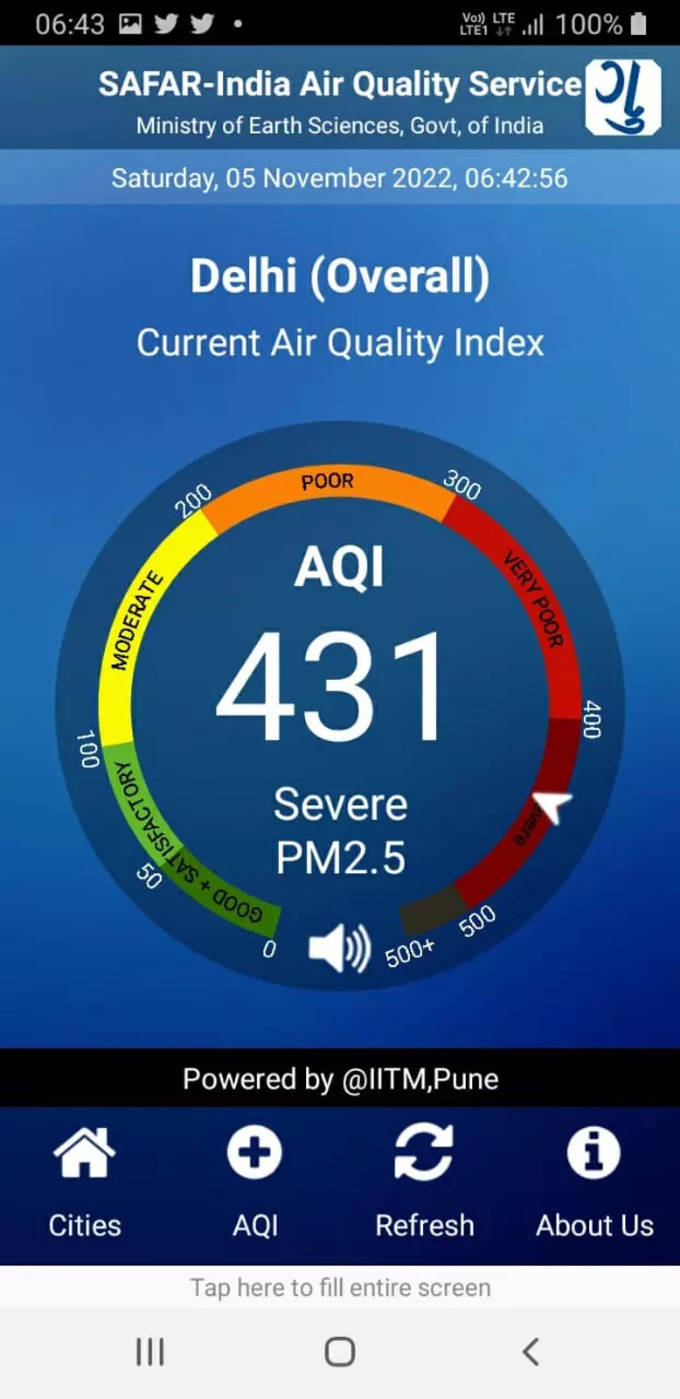 सफर के अनुसार आज दिल्ली का AQI 431 पर है