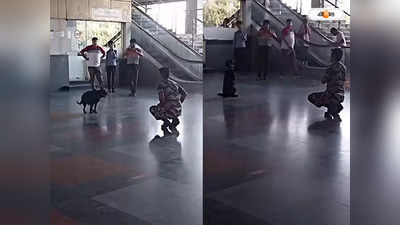 Dog Exercise Video : জওয়ানের সঙ্গে পাল্লা দিয়ে যোগা সারমেয়র, দিল্লির মেট্রোয় থমকে দাঁড়ালেন যাত্রীরা