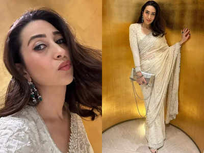 Karisma Kapoor Fashion: વિદેશમાં મેરેજ અટેન્ડ કરવા પહોંચી કરિશ્મા કપૂર, આઇવરી ડિઝાઇનર સાડીમાં લાગી સુંદર