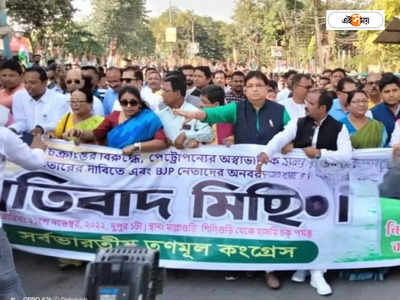 Trinamool Congress : তৃণমূলের মিছিলে যানজটে আটকে, স্কুলবাস থেকে আধো আধো গলায় উড়ে এল, BJP জিন্দাবাদ