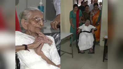 વડાપ્રધાન મોદીના 100 વર્ષના માતા હીરાબાએ વ્હીલચેરમાં રાયસણના મતદાન મથકે પહોંચીને વોટિંગ કર્યું