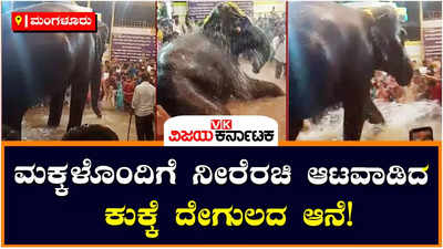 ಪುಟಾಣಿ ಮಕ್ಕಳೊಂದಿಗೆ ನೀರೆರಚಿ ಆಟವಾಡಿದ ಕುಕ್ಕೆ ಸುಬ್ರಹ್ಮಣ್ಯ ದೇಗುಲದ ಆನೆ