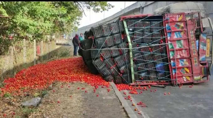 धुळ्यात टोमॅटोचा ट्रक उलटला लाखो रुपयांच्या मालाचे नुकसान