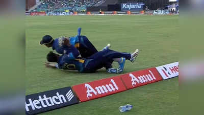 श्रीलंकेच्या दोन खेळाडूंची जोरदार टक्कर, स्ट्रेचरवरून दोघेही मैदानाबाहेर,Videoमध्ये पाहा काय झालं