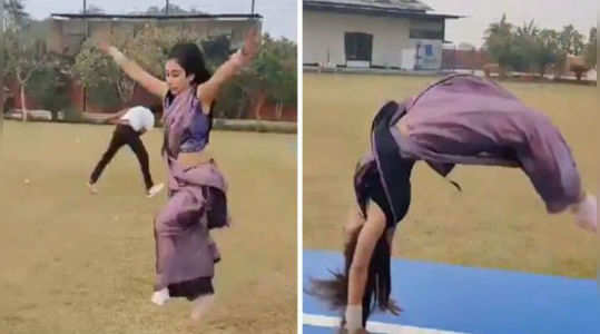 woman does gymnastics in a saree video goes viral