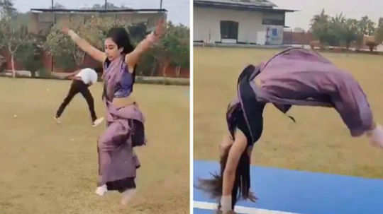 woman does gymnastics in a saree video goes viral
