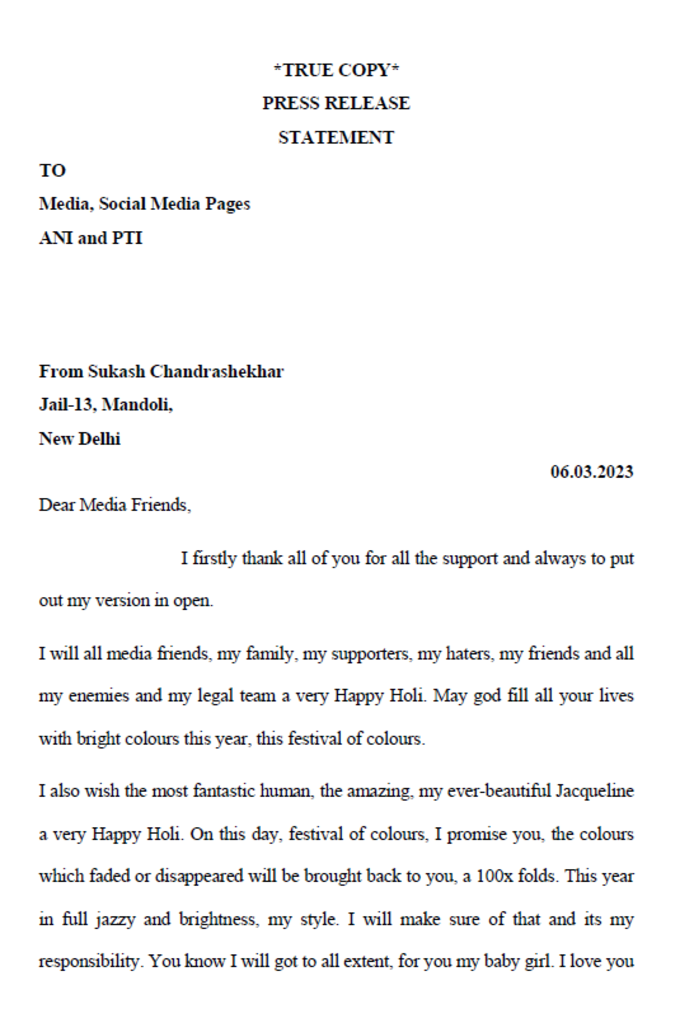 Sukesh Chandrasekar Letter