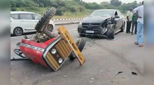 tractor broke in to two parts after collision with a mercedes car near tirupati