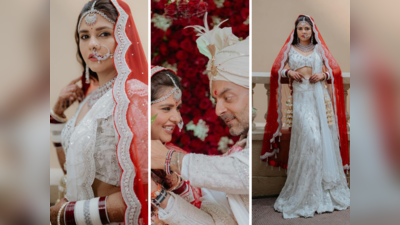 Dalljiet Kaur Wedding Look: लाल दुपट्टा, व्हाईट लेहंगा, निखिलसाठी सजली नवरी दलजित कौर, आनंद लपता लपेना