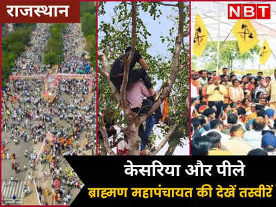 पेड़ पर लोग, केसरिया और पीले झंड़ों से अटा जयपुर, ब्राह्मण महापंचायत की देखें तस्वीरें